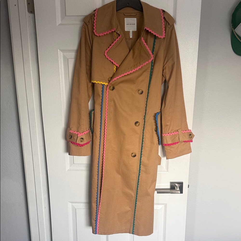 Avec Les Filles Tan Trench Coat with colorful piping